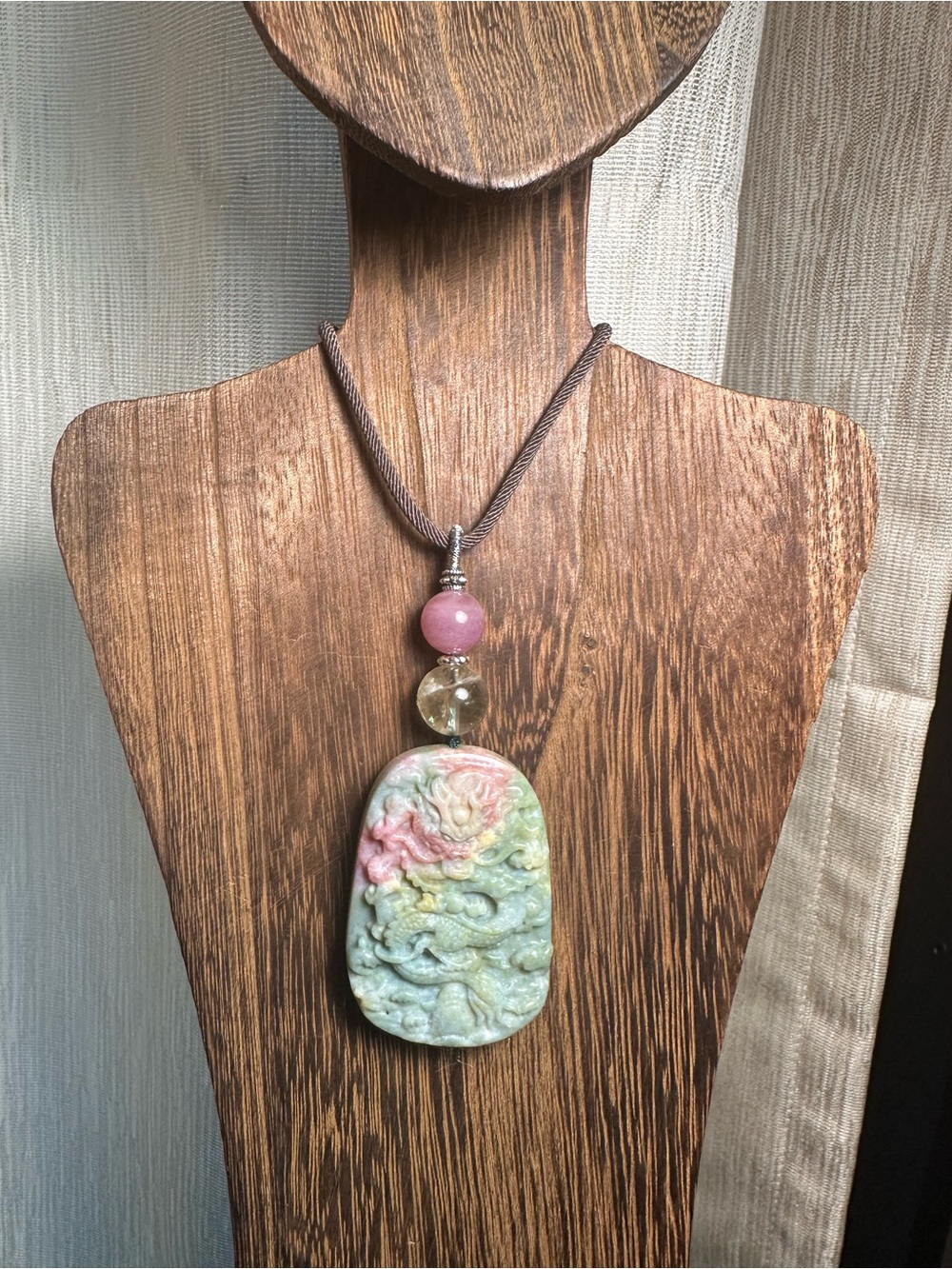 Ocean Jasper Dragon Pendant Necklace with Citrine and Rose Quartz on Brown Rope - Picture 9 of 16